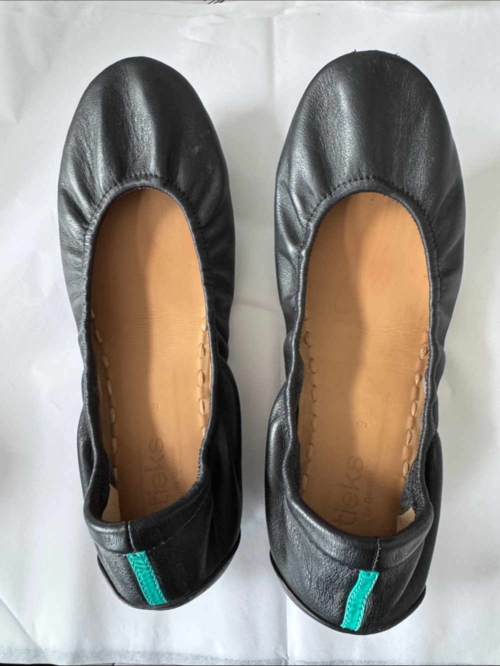 Tieks Black Leather Ballet Flats with Teal Heel Tab